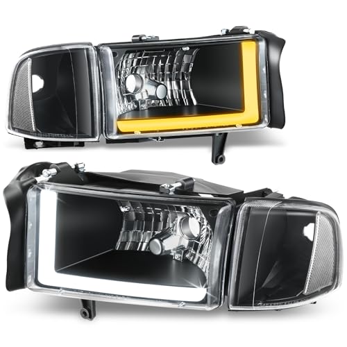 Auto Dynasty 4Pcs Sequential L-LED DRL Switchback Headlights Assembly Compatible with Dodge Ram 1500 94-01 Dodge Ram 2500 3500 1994-2002, Driver and Passenger Side, Black Housing