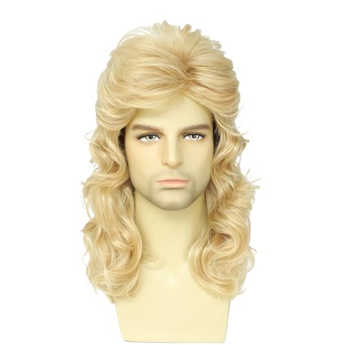 Image of Men's 80s Curly Mullet Wig Set, Retro Rocker Costume for Halloween Party & Cosplay (Light Blonde)