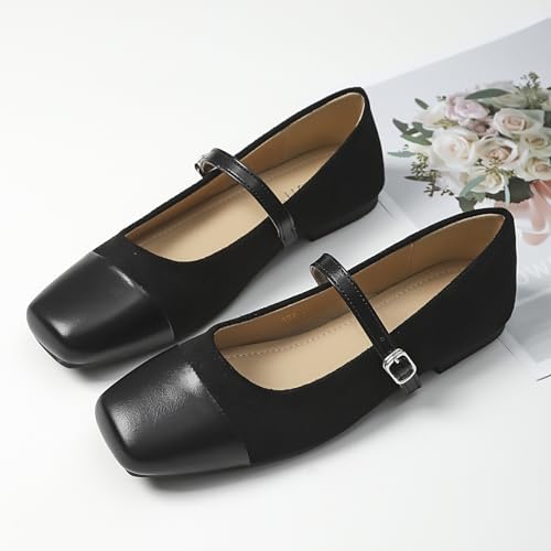 UZUJBAA Women's Suede Mary Jane Flats Buckle Square Cap Toe Ballet Flats Classy Dressy Comfortable Slip on Flats Soft Work Casual Flat Shoes2