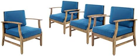 Christopher Knight Home Perla Outdoor Acacia Wood Club Chairs with Water Resistant Cushions (Set of 4), 4-Pcs Set, Teak Finish/Blue