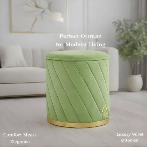Image of ENIQE STORE Premium Velvet Ottoman Stool | Modern Round Pouffe with Gold Base | Multipurpose Seating | Living Room & Bedroom Decor (Pista Green Set of 2)