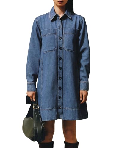 Women's Denim Shirt Mini Dress Long Sleeve Button Down Tunic Jean Dress Casual Loose Shift Short Dresses