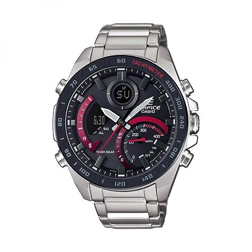 Casio Montre Solaire Homme 48.00mm avec Cadran Noir analogique/numérique et Bracelet en Bracelet en Acier Argent ECB-900DB-1AER