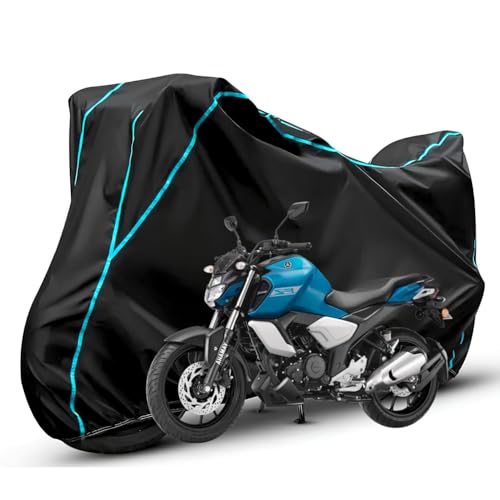 Image of Waterproof Bike Body Cover Compatible with Yamaha Fz Dustproof Scratchproof - Motorcycle Cover for Two Wheeler, Outdoor Full Cover with UV, Duty, Rain Protection (Black & Aqua)