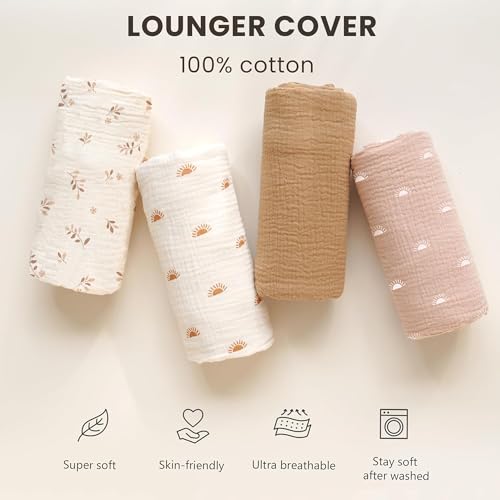 Image of Konssy Muslin Baby Lounger Cover 2 Pack, 100% Cotton Newborn Lounger Cover, Soft and Breathable Baby Nest Slipcover for Boys Girls (Pink Sun,Khaki Leaf)