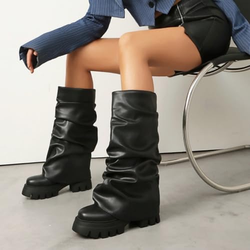Women's Folding Boots Wide Calf Pleated Platform Boots Round Toe Thick Heel Stacked Boots 6