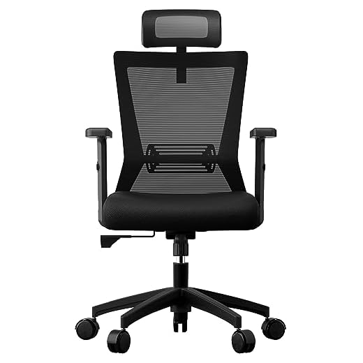 OUSFOT Silla de Oficina ergonómica, con Altura Ajustable y reposacabezas, con reposabrazos Ajustables en Altura, Respaldo de Lona Transpirable, Soporte Lumbar, Giratorio de 360°, Negro