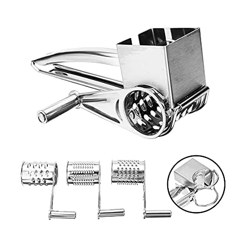 Mayata 1set Cheese Cutter Slicer Shredder with 3 Interchanging Rotary Ultra Sharp Cylinders Stainless Steel Drums & Slicer Cover