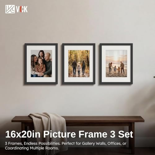 Image of VCK 16x20 Frames 3 Pack, Black Wood, 11x14 Mat, Glass, for Picture Poster