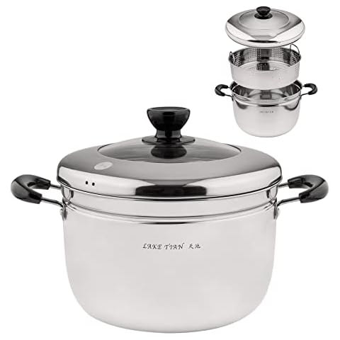 2 Tier Stainless Steel Steamer Pot Cookware Pot & Pan/Saucepan Cooking Set with Insert Basket, Great Steamer For Cooking Food, Tempered Glass Lid, Dishwasher Safe By Lake Tian (22cm/8.7in), 6qt Cover