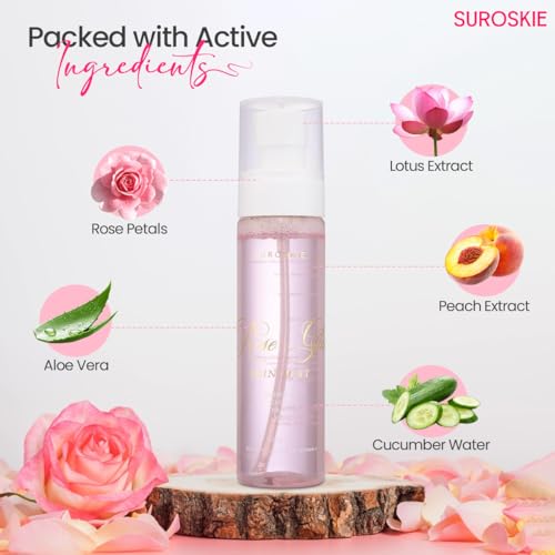 Image of SUROSKIE Rose Glass Skin Mist 100ml | 2 in 1 Face Toner + Makeup Setting Spray | Enriched With Rose Water & Aloe Vera | Toner For Glowing & Hydrating Skin | All Skin Types | For Men & Women