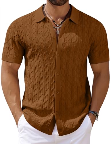 COOFANDY Casual Mens Woven Knit Shirt Short Sleeve Button Down Retro 70S Polo Shirts Untucked Classic Bowling Shirts Light Brown