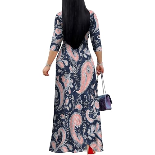Image of PinkPatty Plus Size Maxi Dress for Women Casual V Neck 3 /4 Sleeve Boho Printed Long Dress with Pockets