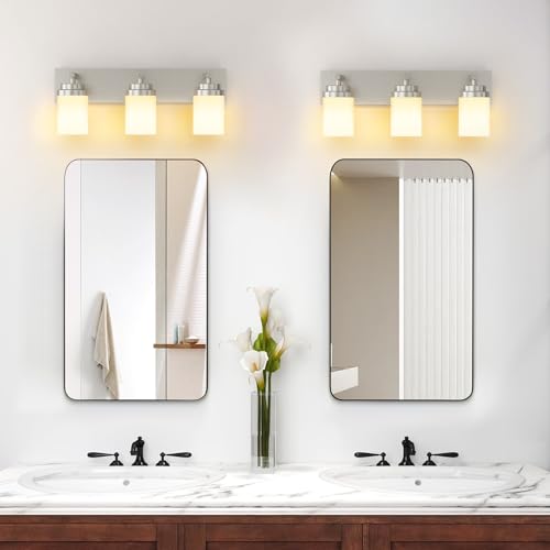 Image of IZORRO Bathroom Vanity Light Fixture, 3-Light 22 Inch Brushed Nickel Bathroom Light Fixtures Over Mirror, with White Glass Shade, Modern Farmhouse Vanity Lights, Rustic Restroom Lighting Fixtures