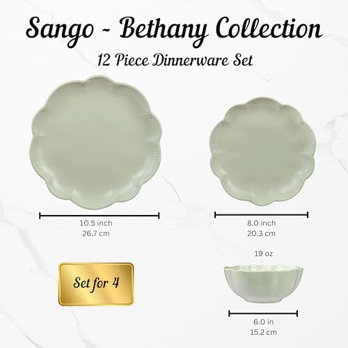 Image of Sango 12 Pieces Scalloped Dinnerware Set, Sage Green Dishes for 4, Premium Serving Plates & Bowls Sets, Chip Resistant, Ceramic Dishware, Kitchen Dish, Microwave & Dishwasher Safe, Bethany