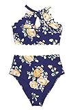 CUPSHE Damen Bikini Set mit Wellensaum Neckholder Bikini Bademode High Waist Blumenmuster Zweiteiliger Badeanzug Swimsuit Marineblau M