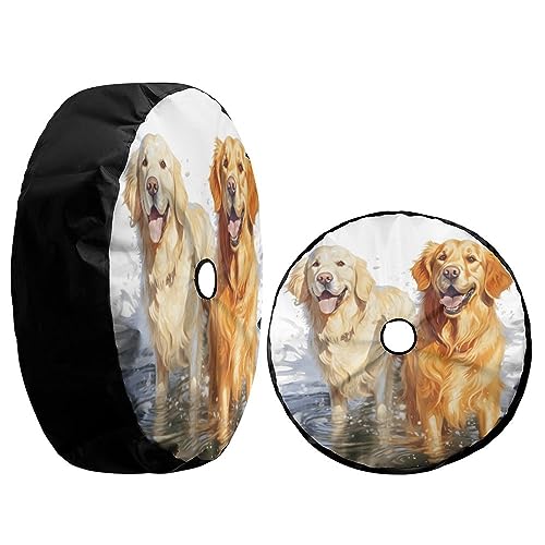 Image of Delerain Spare Tire Cover with Backup Camera Hole Cute Golden Retriever Wheel Covers Waterproof Dust-Proof UV Sun Universal Fit for RV Trailer RV SUV Truck (18 Inch for Diameter 32 inch-34 inch)