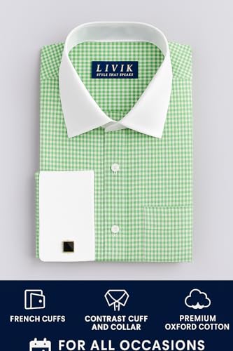 Image of Men's Premium Cotton Formal Dress Shirt - White Collar & French Cuffs with Cufflinks | Solid White, Micro Check & Striped for Office, Wedding
