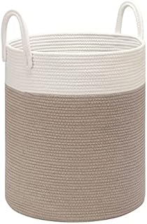 LITLANDSTAR Large Cotton Rope Basket, 40 x 50cm Woven Laundry Basket Storage Bins for Dirty Clothes Blankets Toys Storage with Handles, White & Brown