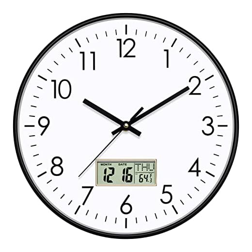 Foxtop Digital Wall Clock with Date, Month, Day of Week and Temperature, 12 inch Non-Ticking Silent Battery Operated Round Quartz Analog Clock for Classroom Office Bedroom Home School