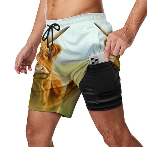 A Highland Cow Beach Shorts for Men Swim Trunks Quick Dry Swim Shorts with Compression Liner Pocket2