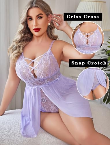 Image of Avidlove Plus Size Babydoll Womens Snap Crotch Lingerie V Neck Lace Nighty Sleepwear L-5XL