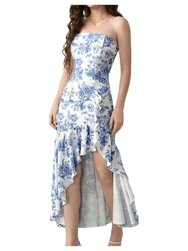 Image of Floerns Women's Floral Strapless Tube Dress Asymmetrical Ruffle Hem Bodycon Long Dresses