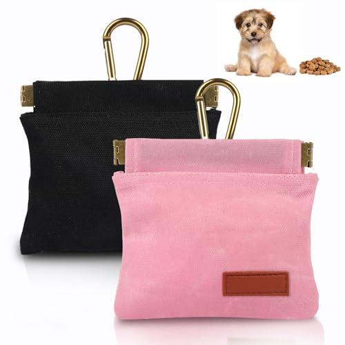 2Pcs Dog Treat Pouches for Pet Training, Hand Free Puppy Dogs Treat Bag with Carabiner, Portable Auto Closing Pet Dog Walking Bag for Travel or Outdoor Use, Pets Feed Snack Reward Pocket- Black, Pink