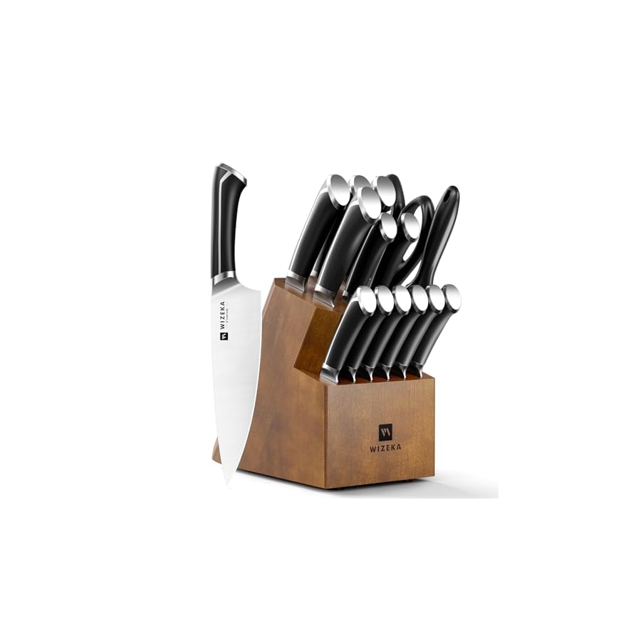 WIZEKA 15-Piece knife set, High Carbon Stainless Steel Kitchen Knife Set, Ultra Sharp Knife Block Set with Sharpener, Black, Crown Series