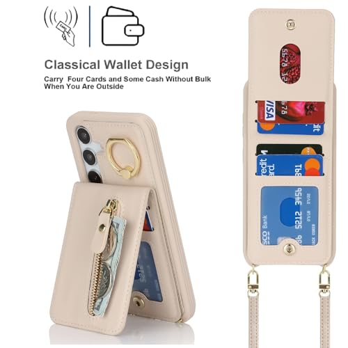 Jaorty Compatible with Samsung Galaxy S24 Case Wallet with Card Holder for Women,Ring Holder,PU Leather Magnetic Snap Zipper Phone Case with Crossbody Strap for Galaxy S24 6.2",Beige by Jaorty - Image 4