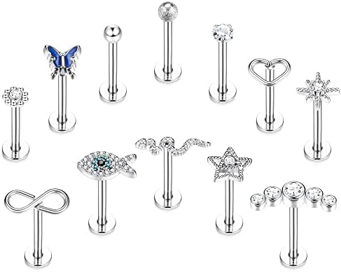 Kakonia 12 Pcs 16G Tragus Piercing Jewelry for Women Men Internally Threaded Cartilage Conch Earring Stud CZ Flower Heart Butterfly Snake Labret Monroe Medusa Lip Piercing Jewelry