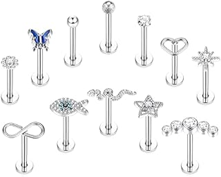 Kakonia 12 Pcs 16G Tragus Piercing Jewelry for Women Men Internally Threaded Cartilage Conch Earring Stud CZ Flower Heart Butterfly Snake Labret Monroe Medusa Lip Piercing Jewelry