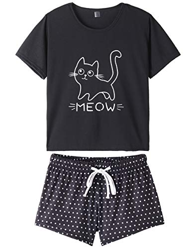 MyFav Summer Pyjamas for Women 2 Piece Cute Cat Sleepwear Pyjama Sleep Set Black Black XXL