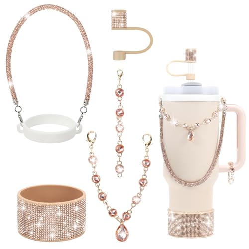 3tyto Rhinestone Stanley Cup Accessories Set, Bling Straw Cover 0.4in, Bottle Handle Strap, Glitter Charms, Silicone Boot, 30-40 Oz (Champagne, Fit 40oz Stanley Tumbler)