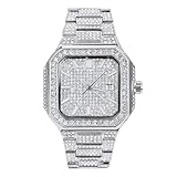 Halukakah Watch for Men - Moissanite Diamond Iced Out - Luxury Platinum White Gold Plated,Japanese Quartz,51MM Rectangle Dial with Calendar,Heavy-Made,8' Wristband - Comes with Giftbox