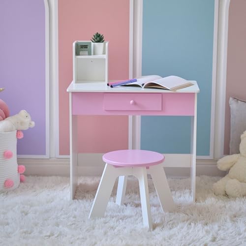 Image of Teamson Kids Rose Shine Play Vanity Set, White /Pink, Ages 3+ | Built-in LED Strip Lights, Touch Sensor Mirror, 2-in-1 Vanity & Desk, Modern Pretend Makeup Table, Includes Stool