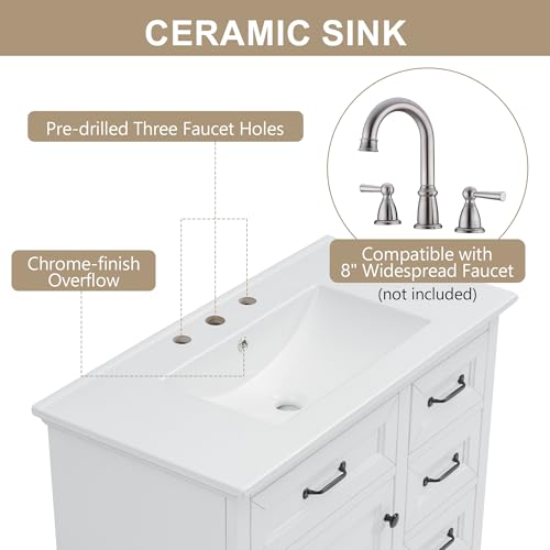 Mirightone 36" Vanity with Sink, Bathroom Vanities 36 inch with Sink, Single Sink Bathroom Vanity, 36 Restroom Vanity with Top, Includeing 2 Tip-Out Drawers and Soft Close Door Hinges (White) - Thumbnail 5