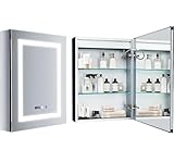 YORKING LED Bathroom Mirror Cabinet Wall Mounted, 20x26in Surface Mount Or Recessed Medicine Cabinet with Door and Adjustable Shelf, Temperature Display & defogging, Fashionable Design