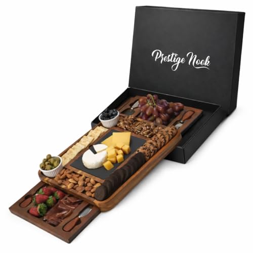 Prestige Nook- Large Acacia Wood Charcuterie Board- Slate Cheese Board For Wedding House Warming Gift, Wooden Gift For New Home With Knife Accessories Set, Food Tray Platter For Serving Snacks Meat