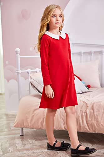 Arshiner Girls Cotton Long Sleeve Holiday Dress Twirly Skater Casual Tshirt Dresses Deep Red5-6 Years #TOP1