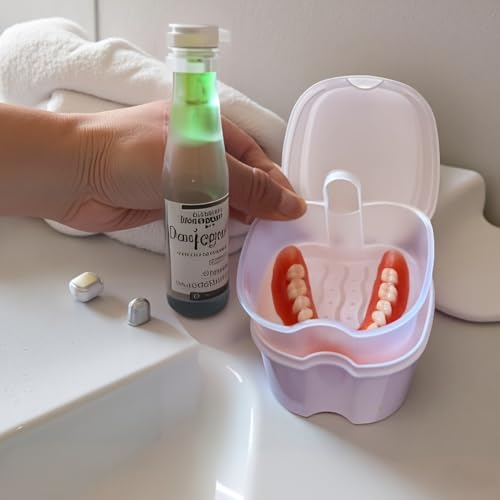Estojo de banho de dentadura, porta-copos, recipiente de imersão com cesto de filtro para limpeza de viagens, branco