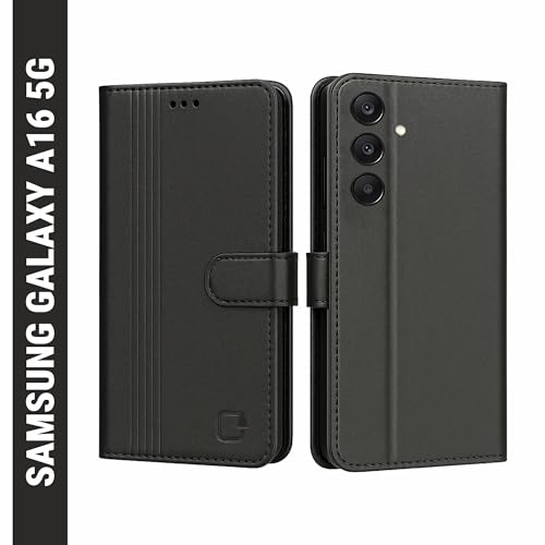 Image of AIBEX Shock Proof Flip Compatible for Samsung Galaxy A16 5G Flip Cover Leather Finish | Inside TPU with Card Pockets | Wallet Stand | Complete Protection Flip Case - Black