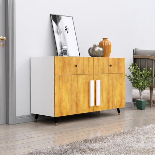 Image of Bniture Storage Cabinet Wooden for Living Room Sideboard with 2 Drawer and 2 Door | Storage Organizer Chest of Drawer Cabinet for Home Hallway Drawing Room Bedroom Kitchen | Frosty White & Giant Wood