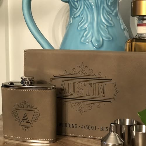 Groomsmen Gifts Personalized Leatherette Flask Set - Engraved leather box and flask with shot glasses & funnel - Custom Groomsmen Gift, Personalized flask for men groomsman gift box (Black w/Silver)