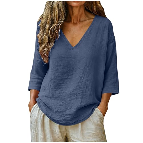 ECUNGWUA Haut Lin Femme t-Shirt en Lin et Coton Col en V Manche Longue 3/4 Été Blouse Légère Fluide Casual Ample Tunique Grande Taille Vetement Mode Tops T Shirt pour Vacances Plage