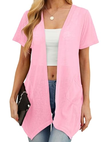 Image of QIXING Womens Summer Lightweight Cardigan - Sun Protection, Breathable, Soft Short Sleeve Cardigans Perfect for Summer Nights, Office and Dating(Long Hem Rose Pink, L)