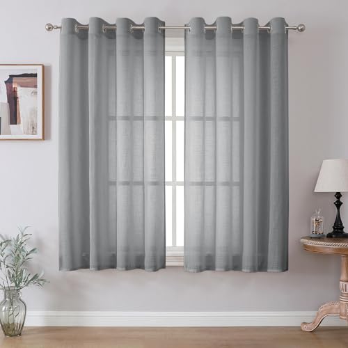 CUCRAF Voile Curtains Grey 63 Inch Drop 2 Panels with Eyelet Linen Net Curtains for Windows Sheer Curtains for Bedroom Kitchen Dormitory Home Decoration