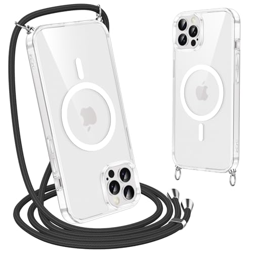 Olgary Magnetisch Handyband Hülle mit Band für iPhone 11 Pro Max [Kompatibel mit Magsafe] Necklace Handyhülle Schutzhülle zum Umhängen Kordel Transparent Stoßfest Kratzfest Case Schwarz
