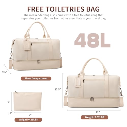 Oeihuivt Weekender Bags for Women - 21 Inch Large Travel Duffel Bag 2-Piece Set with Shoe Compartment, Heavy-Duty Canvas Leather Carry On Overnight Tote, Beige-1, Weekend