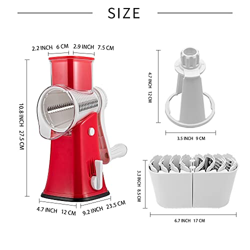 Vekaya 5 In 1 Rotary Cheese Grater With Handle [5 Interchangeable Stainless Steel Blades] Cheese Shredder Food Vegetable Grader Hand Crank Grater For Kitchen With Bonus Storage Box For Blades - Red #TOP4